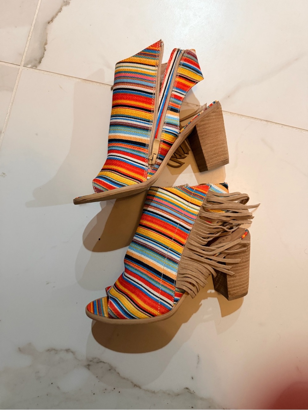 Very Volatile Multicolor Striped Peep-Toe Fringe Block Heels